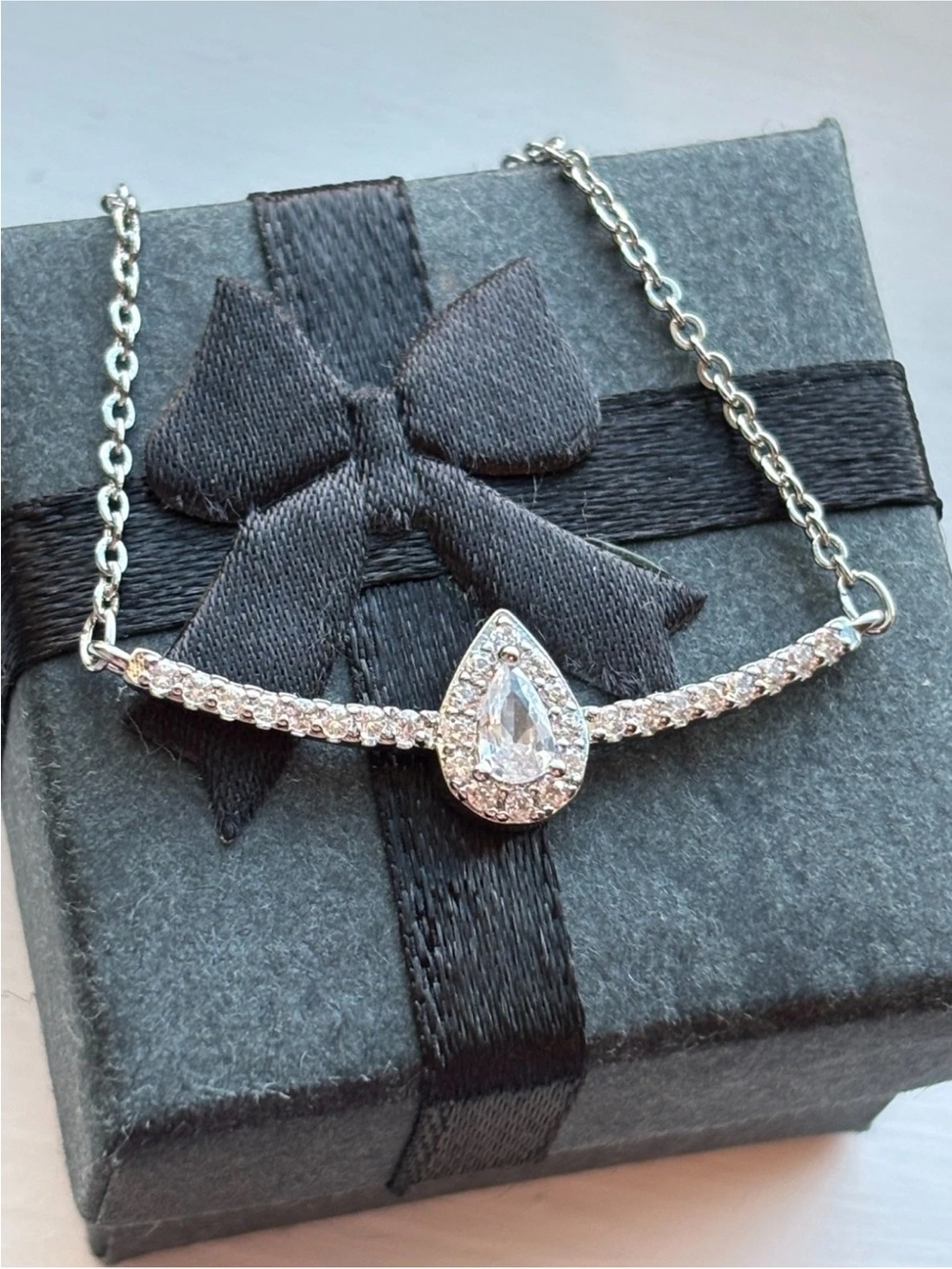 White Gold Plated Curved Bar Teardrop CZ Necklace Minimalist Dainty Bridal